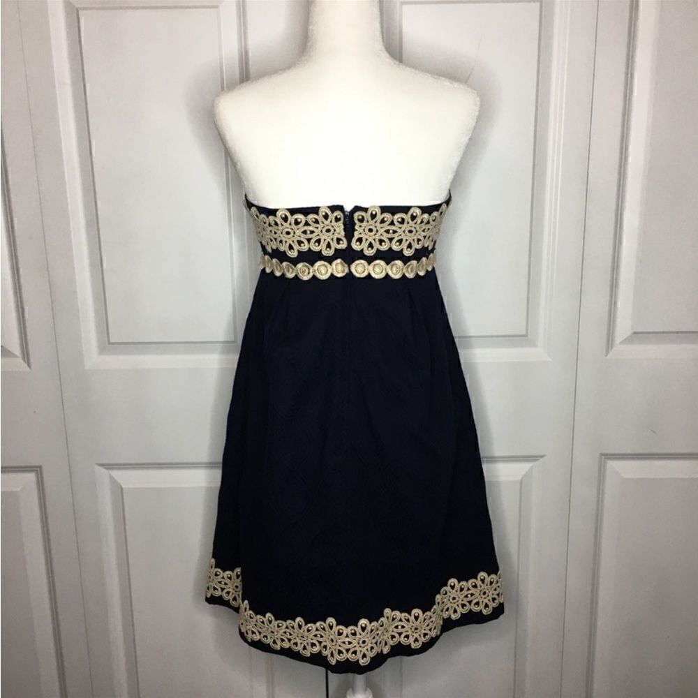 Lilly Pulitzer Betsey Navy and Gold Jacquard Strapless Dress Size 2 - Picture 9 of 16